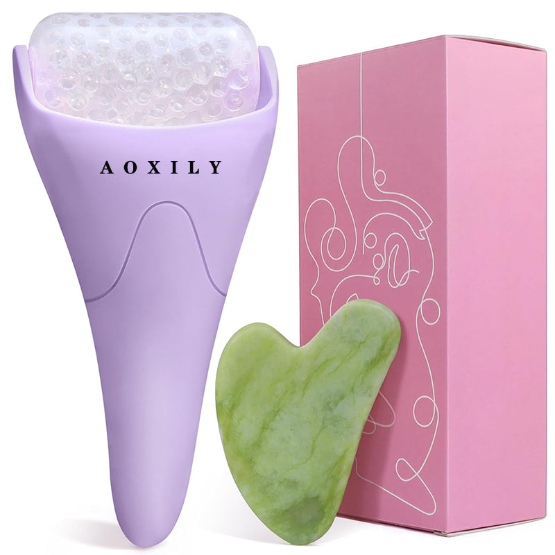 Aoxily Ice Roller and Gua Sha Facial Tools, Skin Care Tools for Face Reduces Puffiness, Self Care Gift for Men Women - Purple
