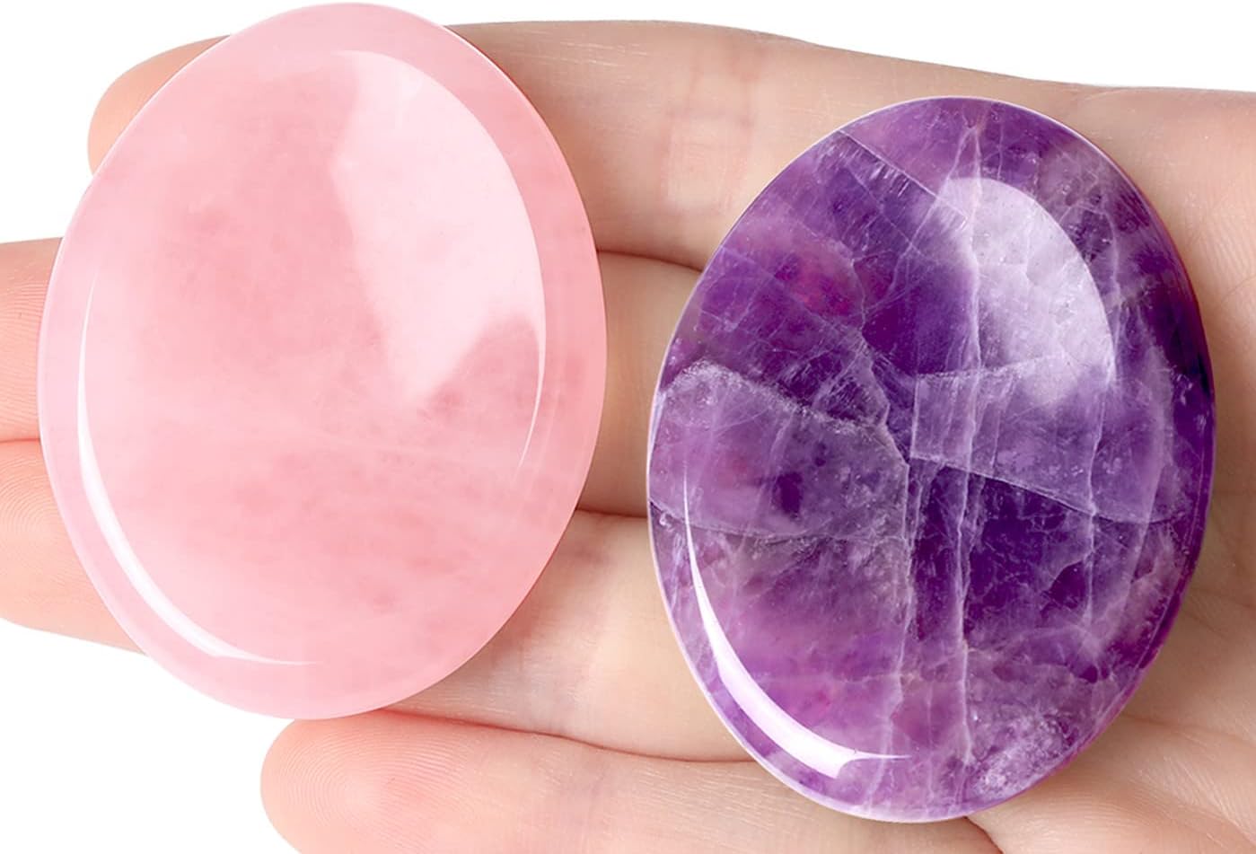 2PCS Worry Stone for Anxiety Tiger's Eye Amethyst Healing Crystals Hand Carved Thumb Stones Pocket Gemstones Meditation Oval Shaped Crystal Natural Reiki Relax Palm Stone Therapy Relief Sets