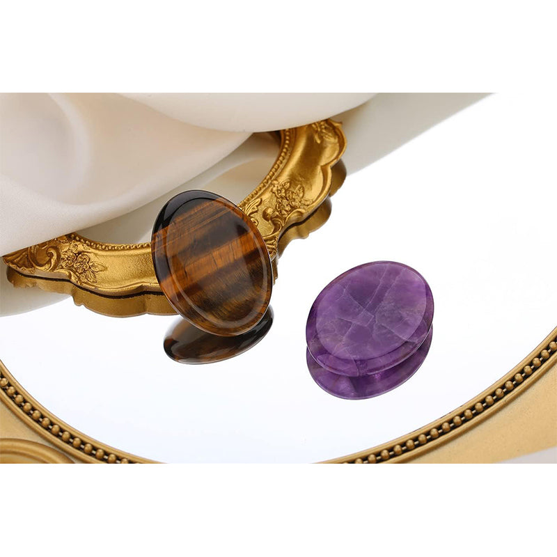2PCS Worry Stone for Anxiety Tiger's Eye Amethyst Healing Crystals Hand Carved Thumb Stones Pocket Gemstones Meditation Oval Shaped Crystal Natural Reiki Relax Palm Stone Therapy Relief Sets